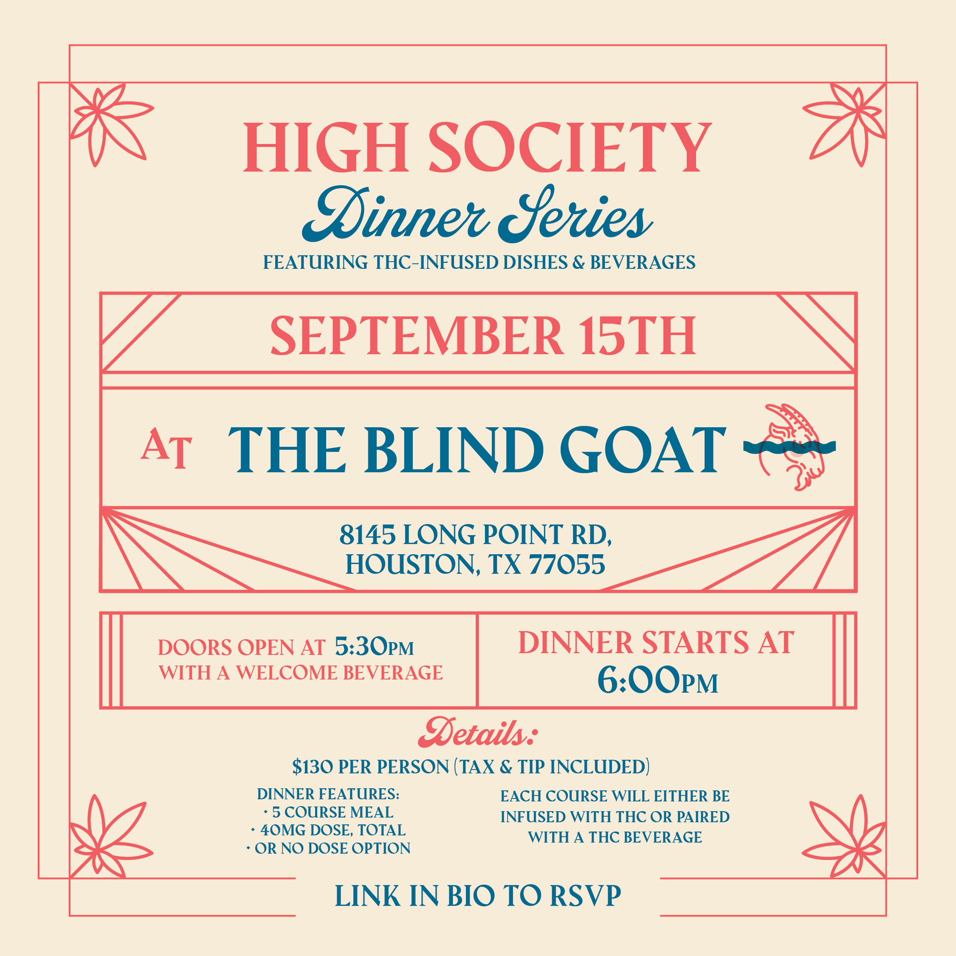 High Society Cannabis Dinner at The Blind Goat - Night 1 (SOLD OUT)
